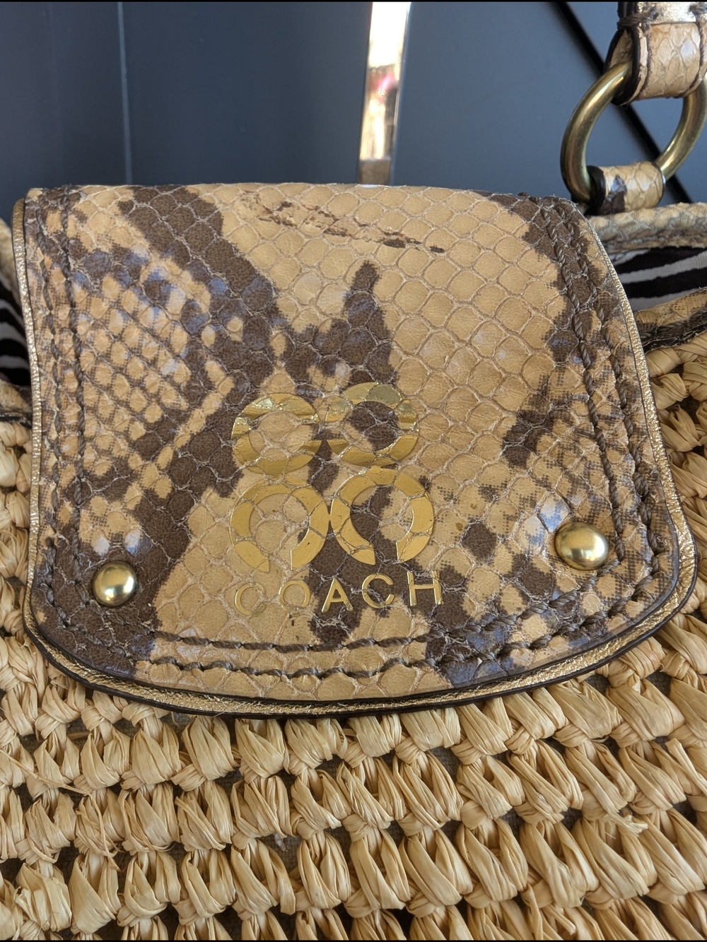 Coach Natural Woven Straw Tote with Snake-Print Trim - Picture 5 of 12